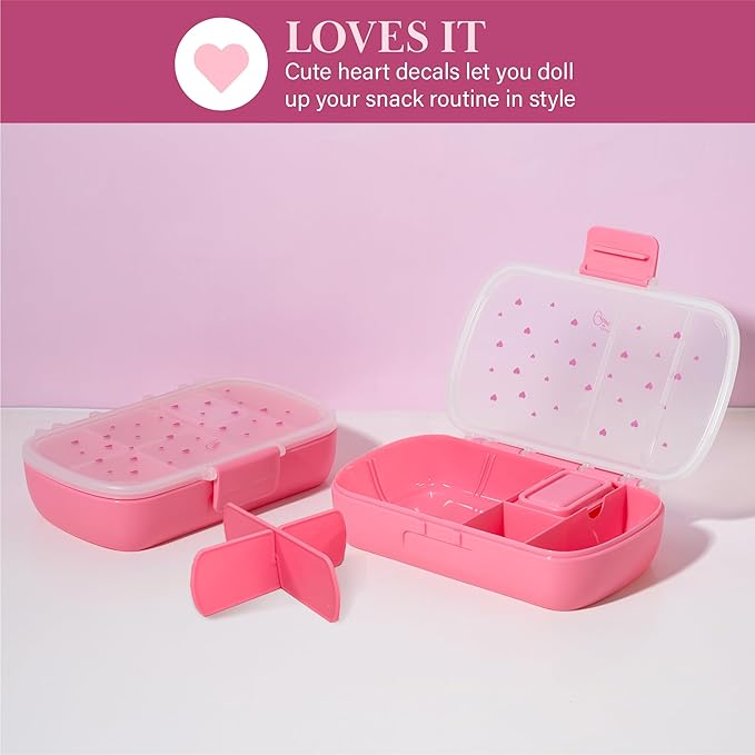 Paris Hilton 2-Pack Bento Style Snack Boxes, 7-Compartment Lunch Containers with Built-In Phone Stand, Removable Dividers and Dip Containers, Pink Heart Print