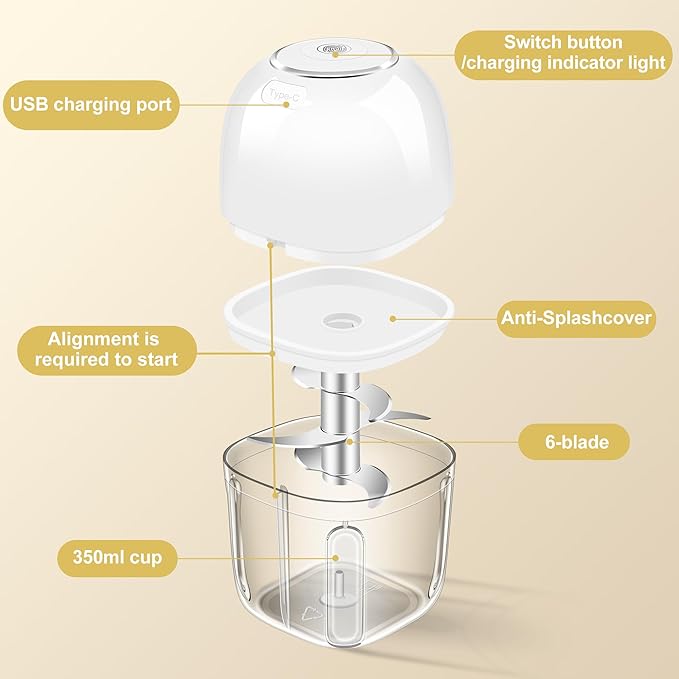 350ML (1.4 Cup) Electric Garlic Chopper, Portable Mini Food Processor, USB Garlic Mincer Masher with 6 Stainless Steel Blade, Rechargeable Vegetable Chopper for Ginger, Chili, Meat, Spices