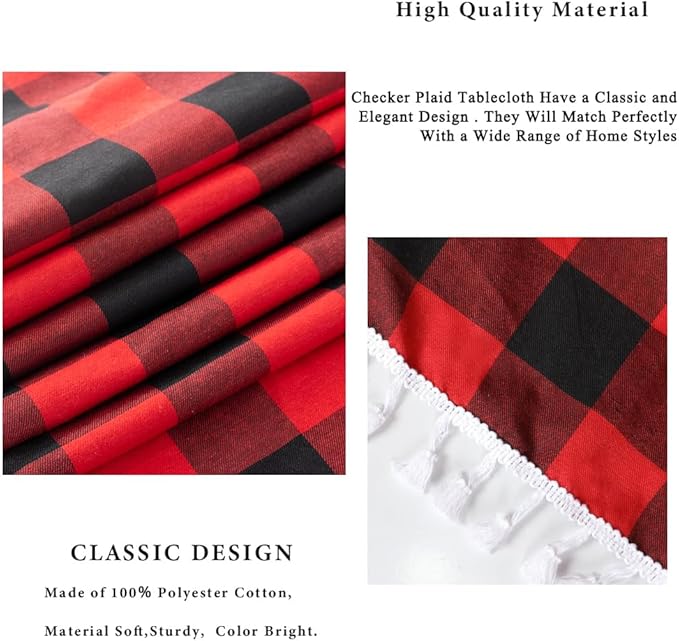 DUOBAO 54x54 Inch Red and Black Buffalo Plaid Tassel Tablecloth:Perfect for Dining Room, Kitchen, and Holiday Gatherings