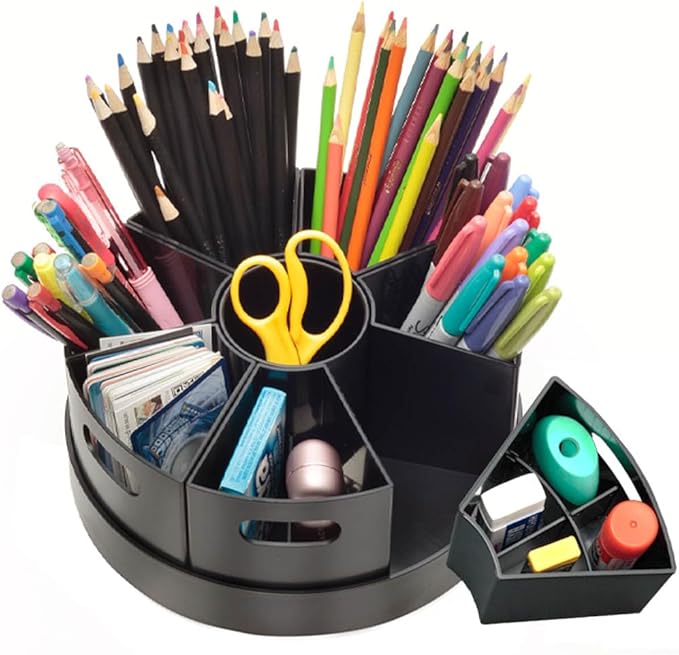 PUZZLE EZ Black Rotating Desk Organizer Lazy Susan Caddies for Home School Office Supplies, Pens, Markers and Art Supplies for Classroom