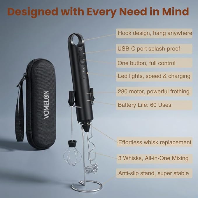 Rechargeable Milk Frother Handheld 3 Speed Coffee Foamer [3 Whisk] Electric Drink Mixer for Latte, Cappuccino, Coffee, Eggs, Hot Chocolate, Protein Black