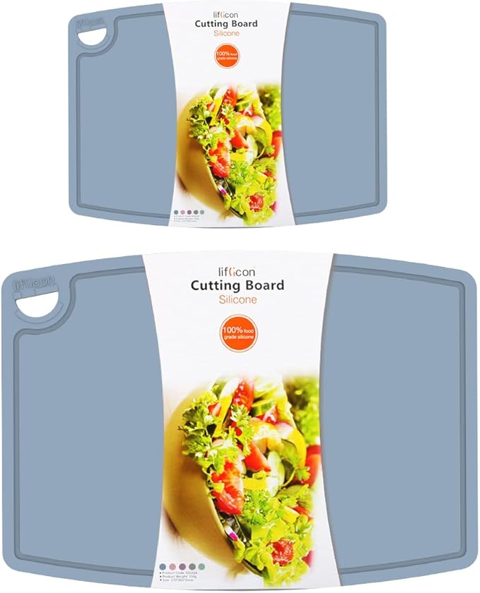 Liflicon Thick Cutting Boards for Kitchen Silicone Chopping Board Set of 2 Mid 12.6'' x 9.1”,Mini 9.1”x7.1” Non-slip Deep Drip Juice Groove Easy Grip Handle,Dishwasher Safe-Light Blue