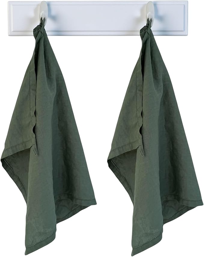 Linen Kitchen Dish Towels – 20” x 27” – 100% Pure Stonewashed Linen Hemstitch Hand Towel/Tea Towel - Set of 2 (Rustic Green)