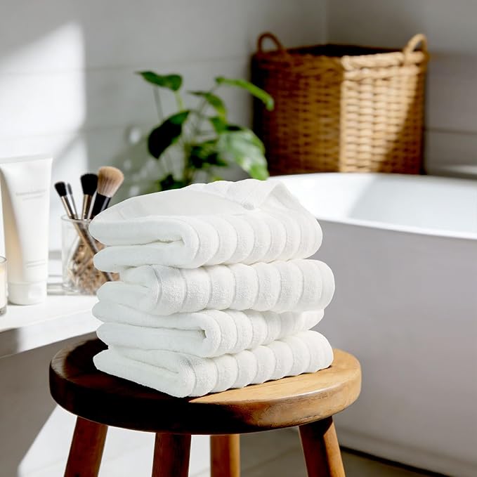Jacquotha Luxurious 4-Pack Ribbed Striped Hand Towels (White) – Hotel & Spa Premium Cotton Face Towels 13” x 29”, Soft and Quick Drying 470 GSM
