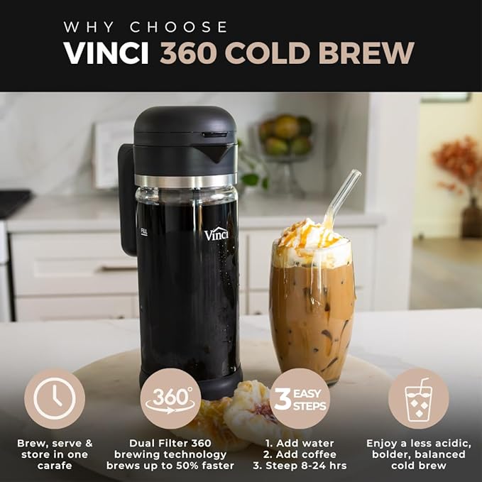 VINCI Cold Brew 360, Glass Cold Brew Coffee Maker Featuring Patented Dual Filter 360 Brewing Technology, Cold Brew for Iced Coffee (2.0 Liter / 68 FL.OZ)