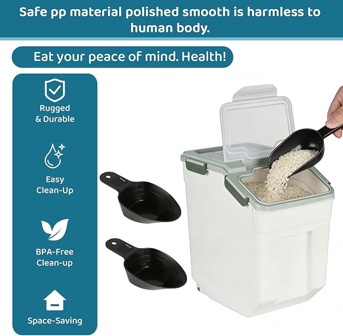 PENCK Rice Storage Container 50 lbs Large Household Flour Sugar Containers Airtight Grain Cereal Dispenser with Wheels, Locking Lid & Measuring Cup for Kitchen Pantry Organization, 2 Pack(Green)