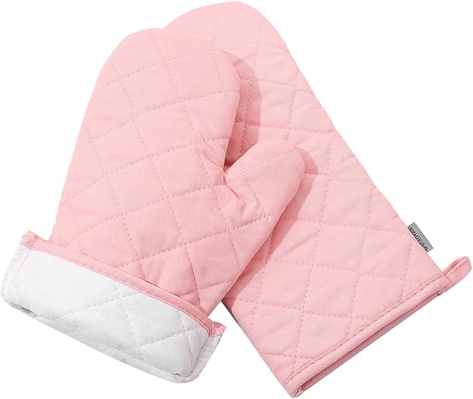 Oven Mitts and Pot Holders 4 pcs Set,High Heat Resistant 500 Degree Extra Thicken Long Kitchen Cotton Oven Glove for Cooking (12 Inch,Pink)…