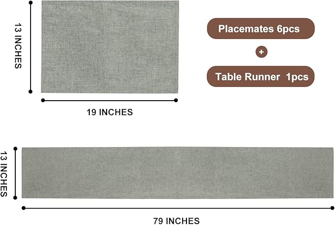 Table Runner and Placemats Set of 6 for Kitchen Dining Table Farmhouse Style Thick Cotton Linen Double Layer Heat Resistant Washable Table Runner Place Mats Set/ Grey