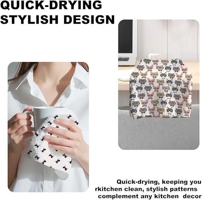 4 Pcs Cute Cat Kitchen Towels, Cats Decorative Absorbent Microfiber Dish Cloth Tea Towel, Durable Waffle Hand Towels for Farmhouse Home Bathroom, Cat Lover Gifts for Women Mam
