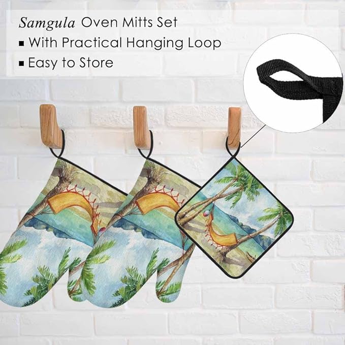 Summer Beach Oven Mitts and Pot Holders Sets Tropical Palm Tree Hammock Heat Resistant 3pcs for Cooking Baking BBQ