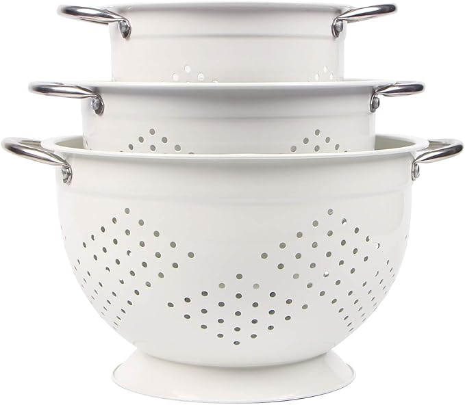 Rorence Powder Coated Steel Colanders: 1.5 Quart 3 Quart & 5 Quart Set of 3 - White