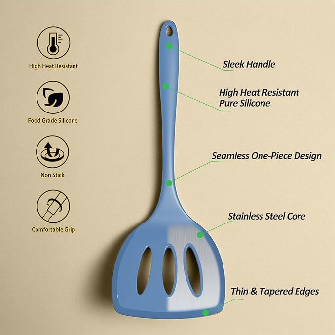 Silicone Pancake Spatula Turner with Lengthened Handle& Seamless Design, Heat Resistant Slotted Flipper for Nonstick Cookware, Large Flexible Kitchen Utensils for Egg, Pancake, Burger, Slotted Blue