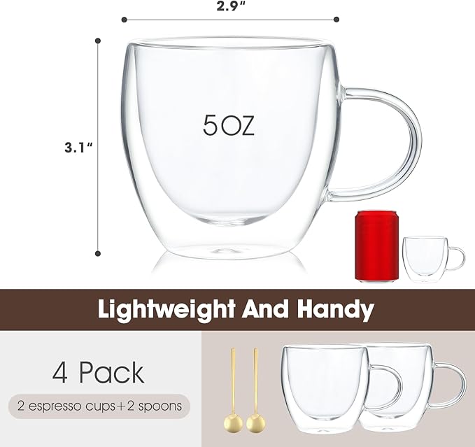 VENVENWEAVS Espresso Cups Set Of 2,Double Wall 5OZ Hand Blown Espresso Shots Glass,Espresso Coffee Mugs In Gift Box,Perfect For Espresso,Latte,Cappuccinos,Tea Bag,Juice