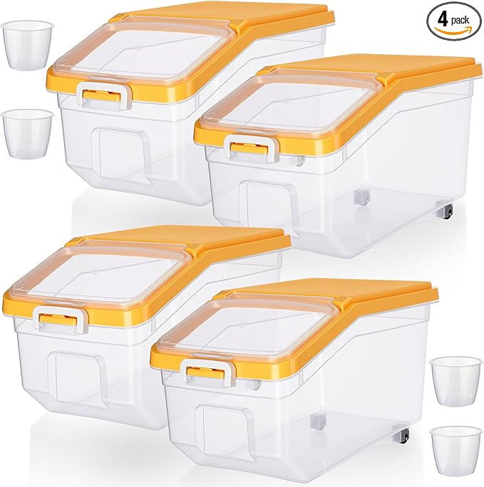 Sunnyray 4 Pcs Rice Storage Container 22 lb Airtight Flour Container with Wheels Measuring Cup Clear Pet Dog Cat Birds Food Bin Grain Cereal Organizer Box for Dry Baking Supplies(Yellow Lid)
