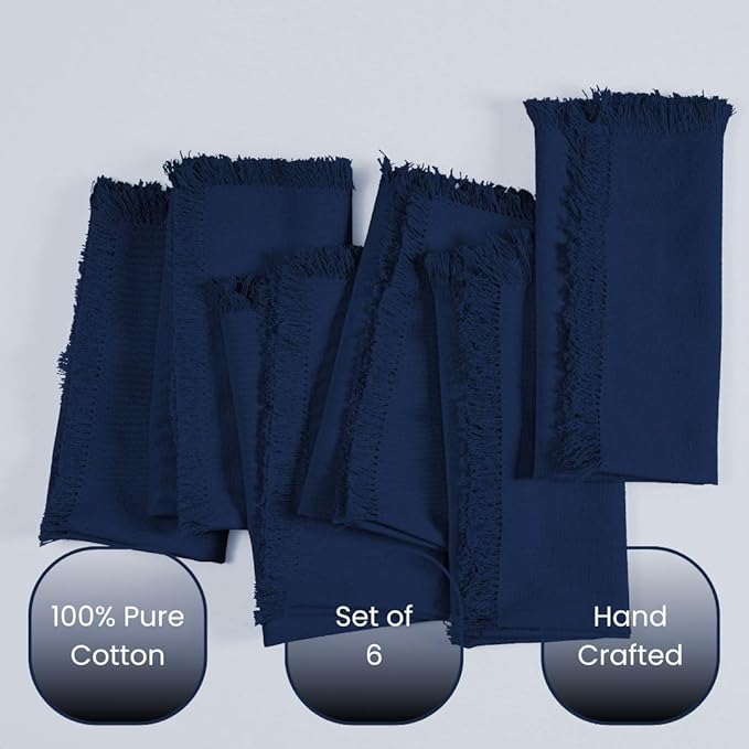 Cloth Dinner Napkins Fringes 100% Cotton Set of 6 - Perfect for Dining Special Occasions Wedding Holidays Christmas - Soft Durable Washable - Elegant 20x20 Inch Cloth Napkins Navy Blue