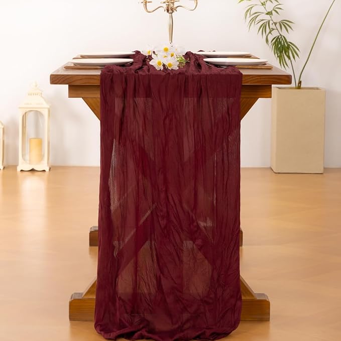 Socomi 3pcs Burgundy Red Easter Spring Cheesecloth Table Runner Boho Rustic Gauze 120 inch 10FT Cheese Cloth Runner for Wedding Party Baby Shower Birthday Home Decor Holiday Decorations