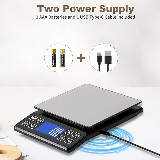 SEMIER Digital Kitchen Scale with 0.1g/0.001oz High Precision, 5kg/11lb Food Bakery Scale with% Percentage Function, Tare Function, USB Rechargeable or AAA Battery Power, Stainless Steel Pan