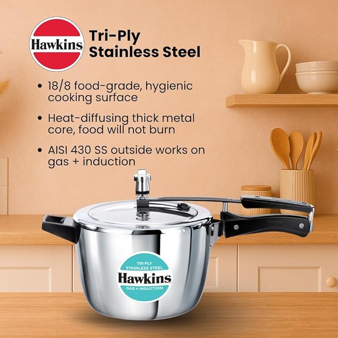 HAWKINS Triply Stainless Steel Pressure Cooker, Inner Lid Cooker, (HSST45) 4.5 litres Silver
