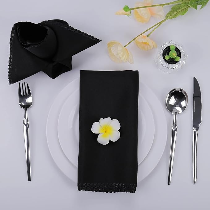 Cloth Napkins Set of 12 - Polyester Dinner Napkins Reusable & Washable - Perfect for Weddings & Holidays (Black)
