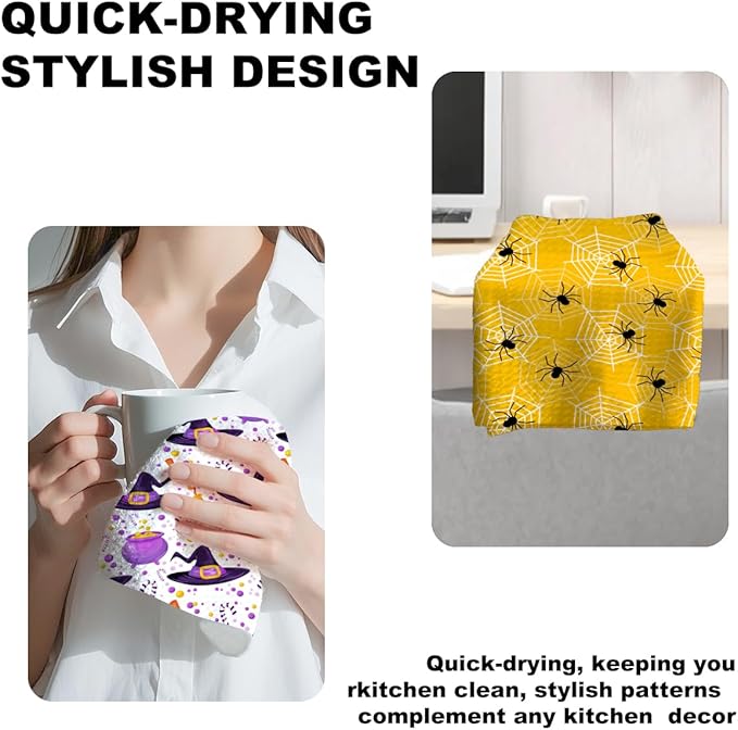 3 Pcs Halloween Themed Kitchen Towels, Spider Net & Cat Decorative Absorbent Microfiber Dish Cloth Tea Towel, Witch Stuff Waffle Hand Towels for Farmhouse Home Bathroom, Halloween Gifts