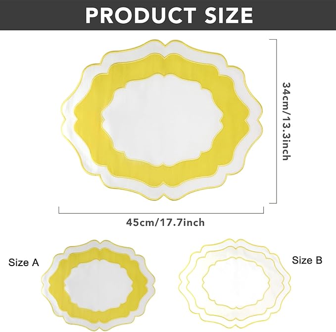 Embroidery Cotton Linen Placemats Set of 4, HADEEONG Table Mats Cloth Placemats, Washable Wrinkle Resistance, Double Layer Scalloped Fabric Placemats, 17.7 x 13.4inch (White with Yellow, 4)