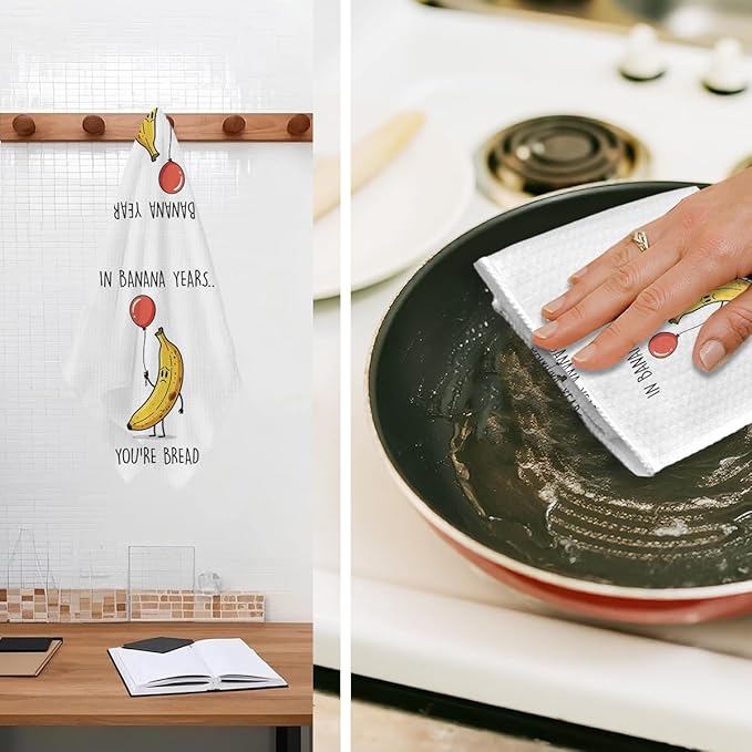 Jztco Funny Banana Kitchen Towels, Banana Gifts Reusable Hand Tea Towel, Microfiber Dish Cloths for Drying Dishes, Waffle Dish Towels for Kitchen Home Decor, for Friends Women Mom 24x14 Inch