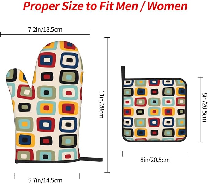 Mid Century Modern Retro Oven Mitts and Pot Holders Sets of 3 Heat Resistant Non Slip Vintage Decorative BBQ Gloves for Cooking Grilling Baking Kitchen Decor