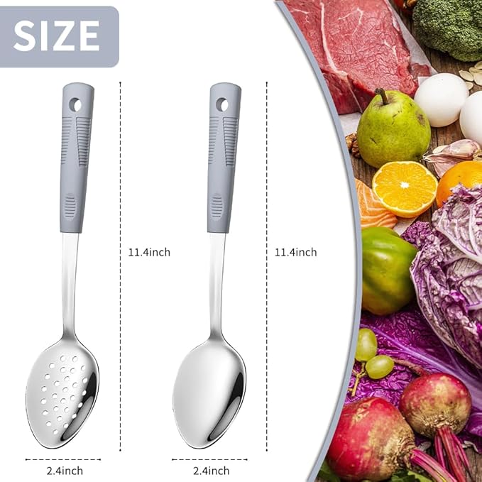 Stainless Steel Serving Spoon Set with Non-Slip Silicone Handles, 2-Piece Serving Spoon and Perforated Spoon, Home Kitchen, Parties & Daily Use (Grey)