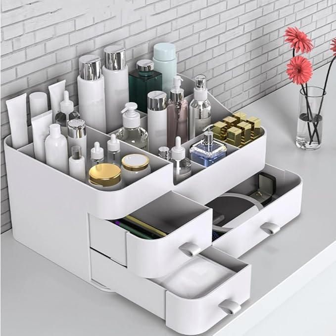 MIUOPUR White Makeup Organizer for Vanity, with 3 Drawers, Large Capacity, Ideal for Make up, Cosmetic, Skin care, Suitable for Bathroom Counter, Dressers, Desk
