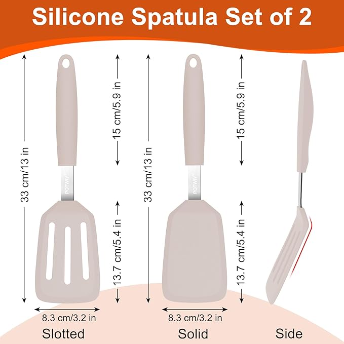 2 Pack Silicone Spatula Set, 600°F Heat Resistant Kitchen Spatula, BPA Free Solid & Slotted Turner, Flexible Cooking Utensils for Non Stick Frying Pan, Flipper for Eggs and Pancakes (Khaki)