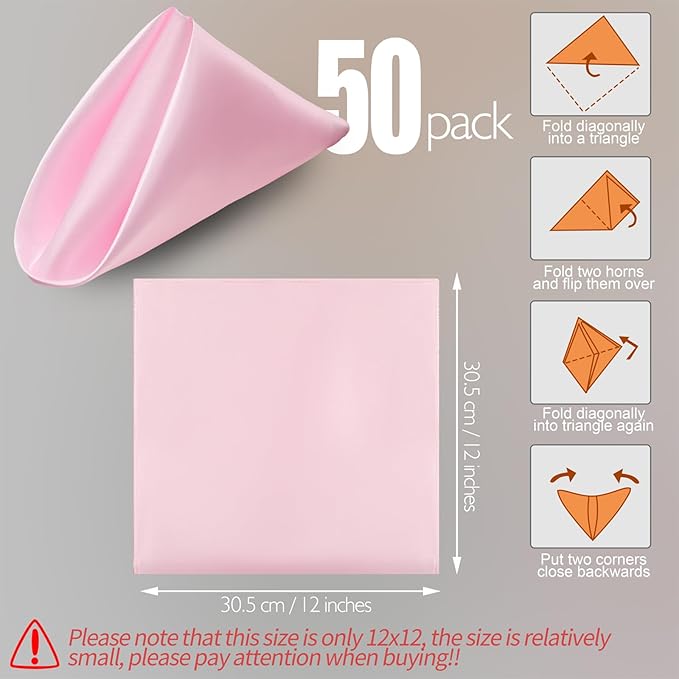 Manyshofu 50 Pieces Light Pink Satin Napkins - 12x12 Inches Cloth Napkins, Square Satin Fabric Napkin Set - Soft & Reusable Table Napkins for Wedding Dinner Party Lunch Banquet Restaurant Decoration