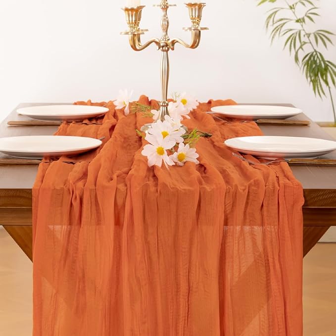 Socomi 2pcs Orange Cheesecloth Table Runner Easter Spring Boho Rustic Gauze 120 inch 10FT Cheese Cloth Runner for Wedding Party Baby Shower Birthday Home Decor Holiday Decorations