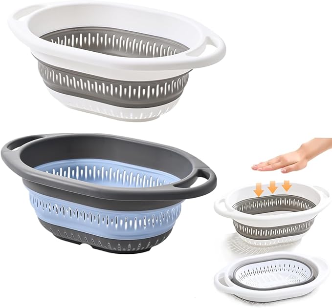 2-Pack Collapsible Silicone Colander Strainer, Foldable Kitchen Sink Basket for Washing Vegetables & Pasta, Space Saving & Dishwasher Safe, Kitchen Essentials