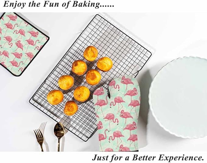 Pink Flamingo Oven Mitts and Pot Holders Sets Palm Leaves Tropical Animal Heat Resistant 3pcs for Cooking Baking BBQ