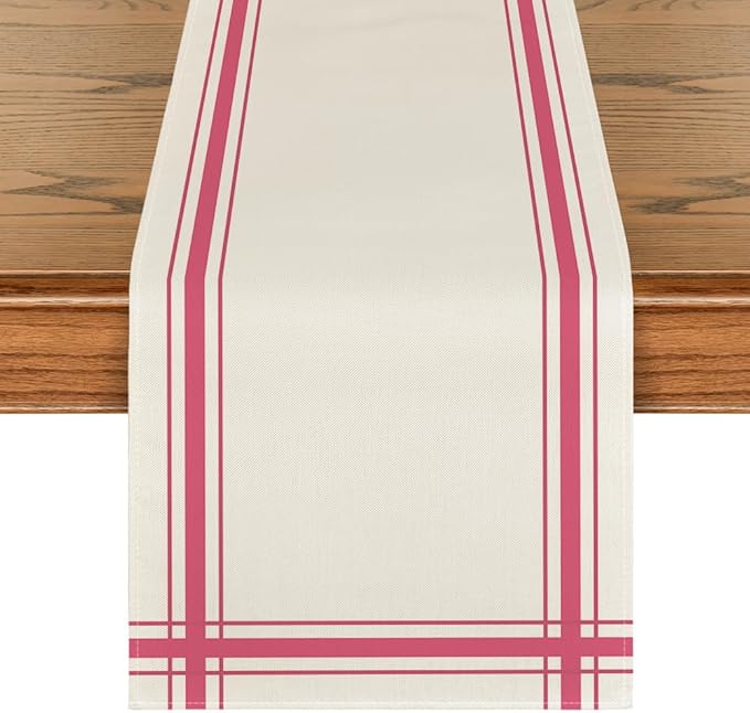 Artoid Mode Pink Simple French Stripe Table Runner, Seasonal Spring Summer Kitchen Dining Table Decoration for Home Party Decor 13x72 Inch