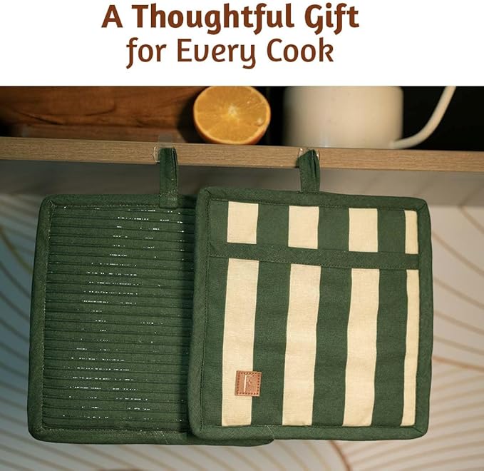 Folkulture Pot Holders for Kitchen | Pack of 2 (8x8) Ribbed Soft Silicone Hot Pads for Kitchen | 100% Cotton Cute Oven Pot Holders Set | Heat Resistant | Machine Washable | Non Slip | Matcha