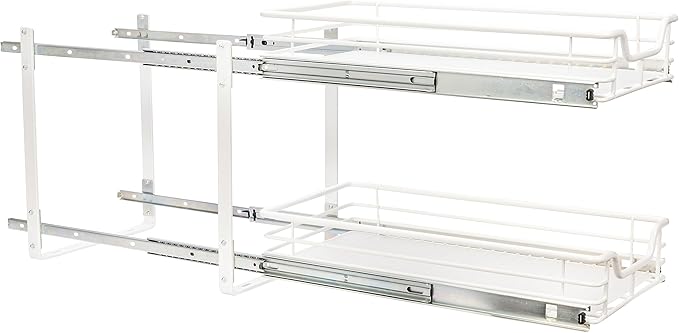 Household Essentials Glidez Multipurpose Powder-Coated Steel Pull-Out/Slide-Out Storage Organizer with Plastic Liners 2-Tier Dual-Slide Design, White