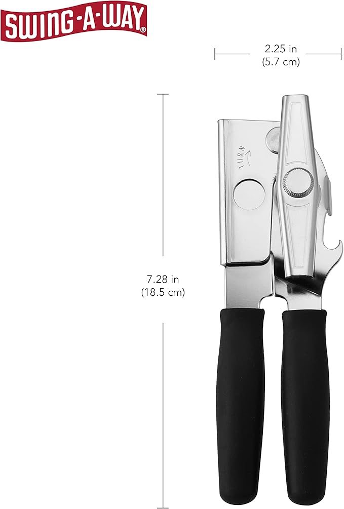 Swing-A-Way Portable Can Opener, Features an Ergonimic Handle for Optimal Comfort, and Built-in Bottle Opener for a 2-in-1 Tool, Durable Cutting Wheel, Black