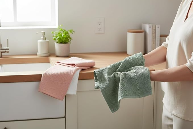 Sage White Light Pink Kitchen Hand Dish Towels: Oversized 28" x 18",100% Cotton Cloth Soft Cleaning Drying Absorbent Textured Design, Set of 3 Multipurpose for Everyday Use - Natural Collection