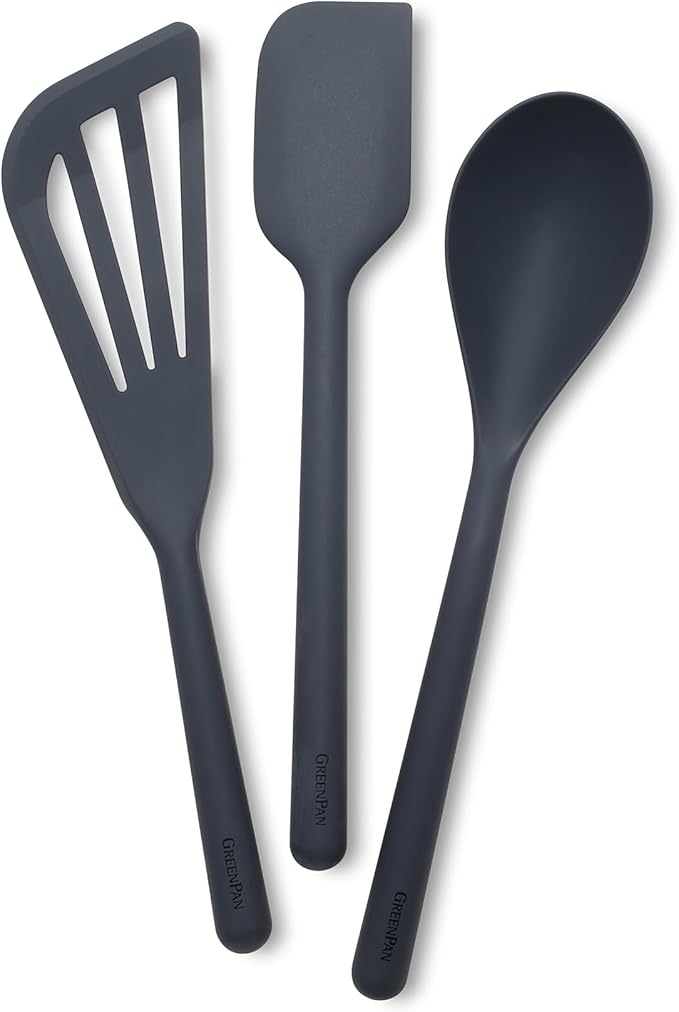 GreenPan Silicone 3 Piece Cooking Utensil Set, Fish Turner, Mixing Spatula, Solid Spoon, Flexible Nonstick Kitchen Tools Rigid Steel Core, Heat-Resistant Anti-Slip Handle BPA-Free Dishwasher Safe Gray