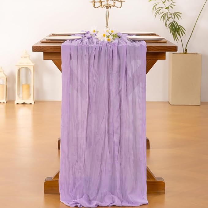 Socomi 3pcs Lilac Purple Lavender Cheesecloth Table Runner Easter Spring Boho Rustic Gauze 120 inch 10FT Cheese Cloth Runner for Wedding Party Baby Shower Birthday Home Decor Holiday Decorations