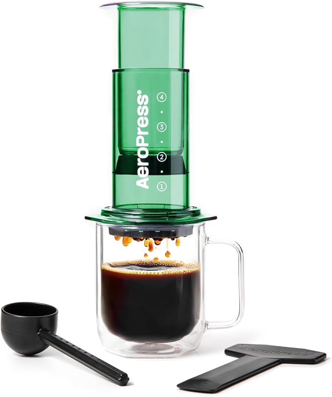 AeroPress Clear Green Coffee Press - All-in-One French Press, Pour-Over & Espresso Style Manual Brewer, 2 Min Brew for Less Bitterness, More Flavor, Small Portable Coffee Maker, Travel & Camping