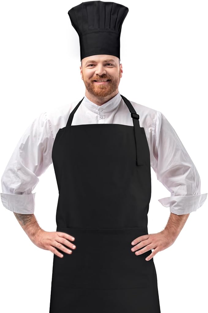 Chef Apron and Hat set, 2 Pockets Adjustable Cotton Kitchen Cooking Bib Apron, Baker Costume for Men Women