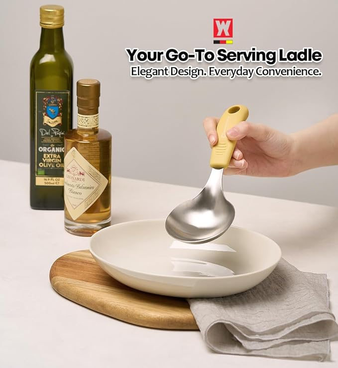 Short Stainless Steel Ladle 220mm (8.6”) – SUS304 Thick Deep Bowl Head with Soft-Grip Silicone Handle – Lightweight Mini Soup & Serving Spoon for Cooking – 5 Color Options (Yellow)