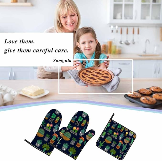 Cactus Oven Mitts and Pot Holders Sets Succulents Potted Plant Garden Nature Heat Resistant 3pcs for Cooking Baking BBQ