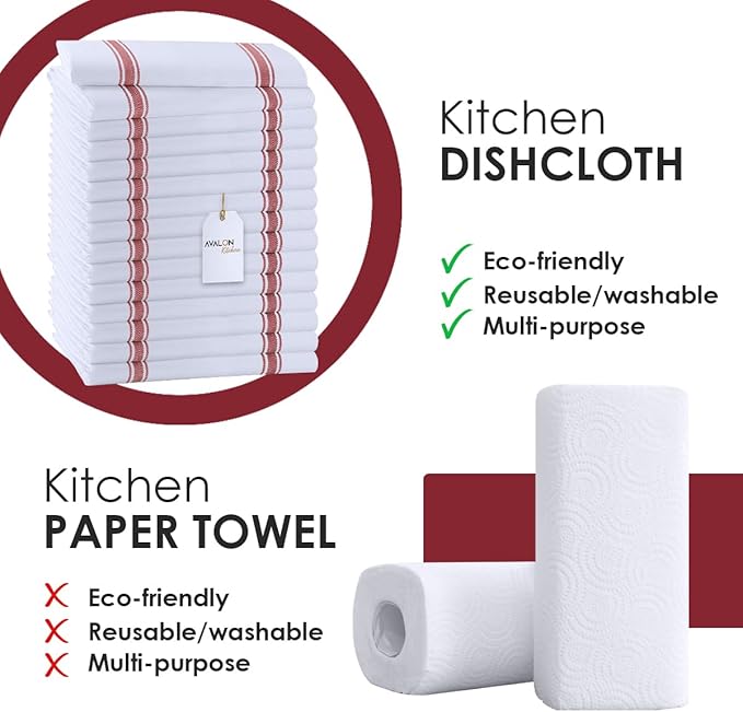 Avalon Kitchen Dish Towels Set (Value Pack of 15) Size 15x25 Inch, 100% Cotton Soft & Absorbent Kitchen Towels, Tea Towels, Reusable Cleaning Cloths for Household Cleaning (Red)
