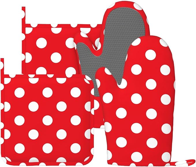Red and White Polka Dot Oven Mitts and Pot Holders Sets of 4, Heat Resistant Silicone Oven Mittens and Potholders Gloves Hot Pads for Kitchen Cooking Baking Grilling BBQ Chef