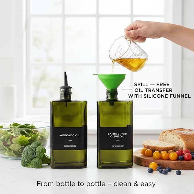2-in-1 Oil Dispenser & Sprayer 2-Pack, Dark Glass Olive Oil Bottle with Stainless Steel Pourer, Oil Container, Oil & Vinegar Set, Light-Blocking Kitchen Countertop Accessory (Green)