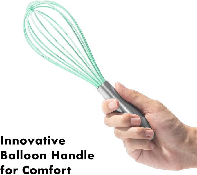 OYV 10-Inch Teal Silicone Whisk, Heat Resistant 480°F Kitchen Whisk with Stainless Steel Ergonomic Handle, Non-Scratch for Nonstick Cookware, Dishwasher Safe, Perfect for Blending, Cooking & Beating