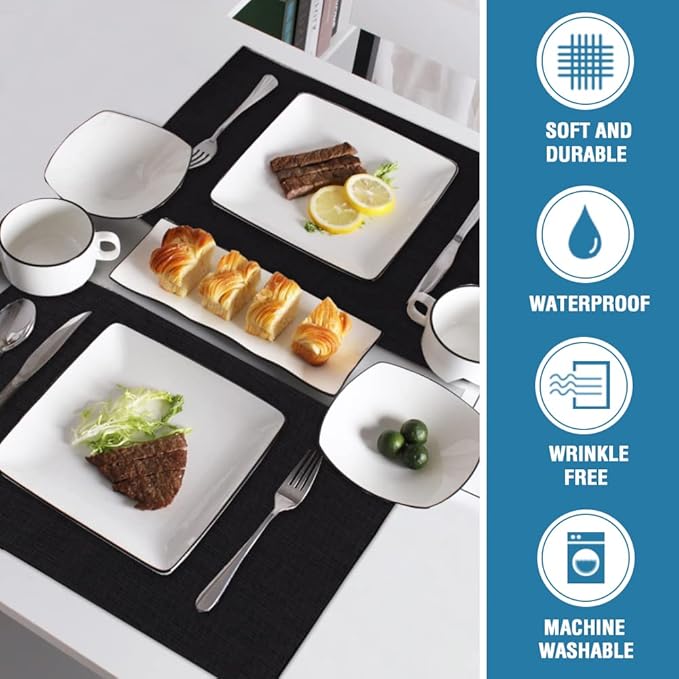 H.VERSAILTEX Linen Placemats Set of 4 Premium Solid Table Placemats for Dining Table Spill-Proof Waterproof Table Mats Heat-Resistant Kitchen Table Mats Washable, 12x18 inches, Black